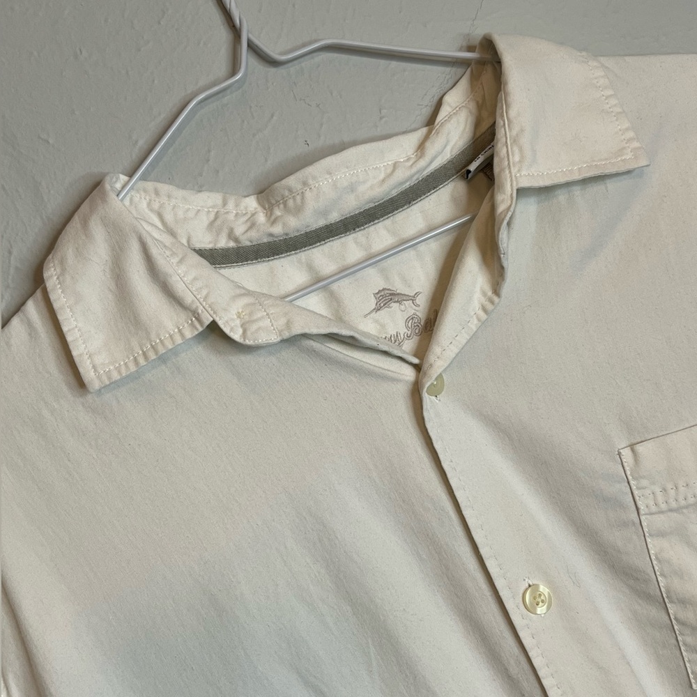 Tommy Bahama Men's Large Short Sleeve Button Up Silk Cotton Off White Shirt